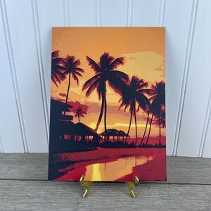 Sunset Wall Art, Palm Trees at Sunset, Orange Yellow Sky Text Art